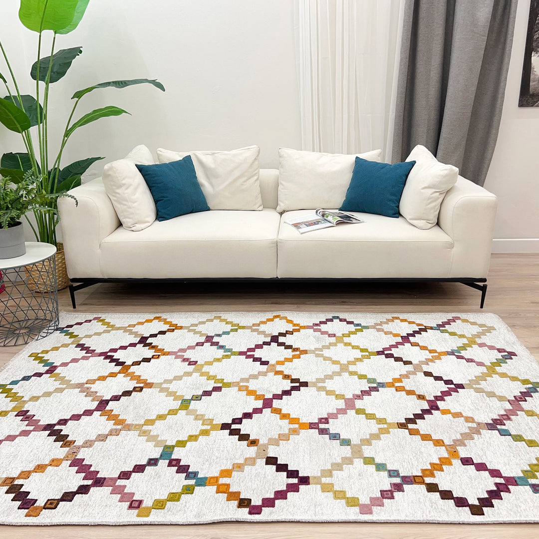 Moroccan Diamonds Rug, White Cream Multi Color Rug, Cotton Washable Rug, Easy Clean Pet Friendly Rug, Aesthetic Boho Rug, Geometric Area Rug