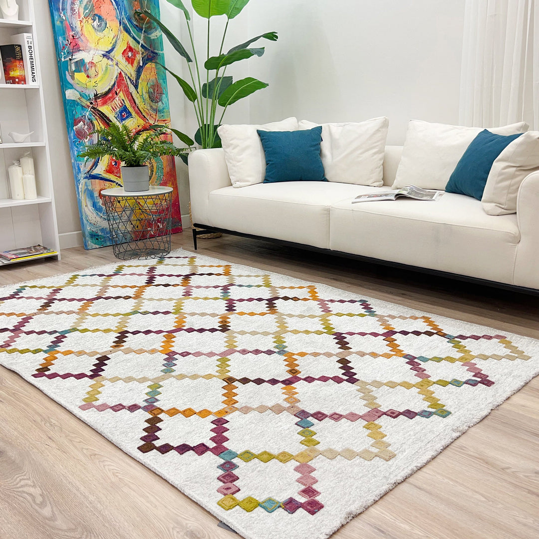 Moroccan Diamonds Rug, White Cream Multi Color Rug, Cotton Washable Rug, Easy Clean Pet Friendly Rug, Aesthetic Boho Rug, Geometric Area Rug