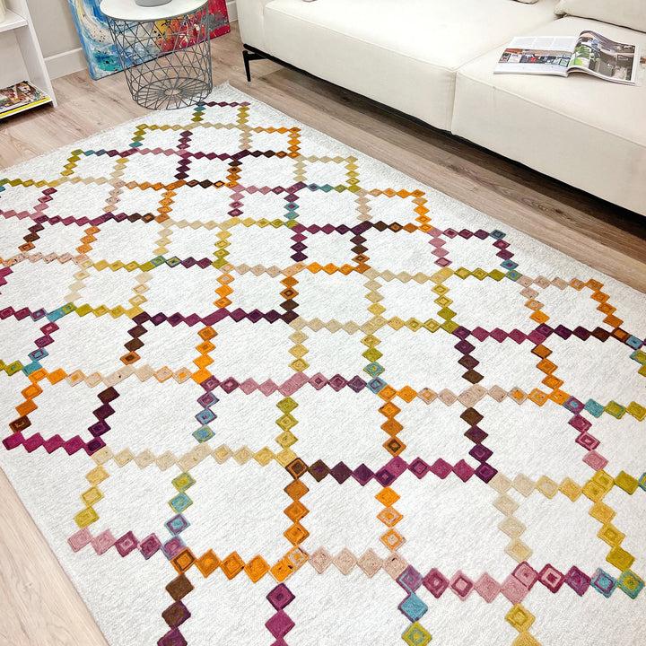 Moroccan Diamonds Rug, White Cream Multi Color Rug, Cotton Washable Rug, Easy Clean Pet Friendly Rug, Aesthetic Boho Rug, Geometric Area Rug