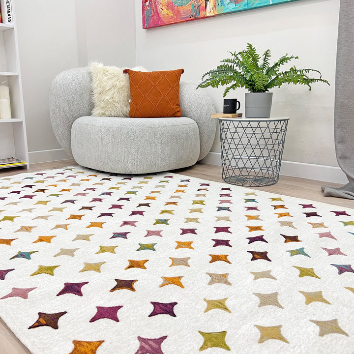 Moroccan Diamond Star Rug, White Cream Multi Color Rug, Cotton Washable Rug, Easy Clean Pet Friendly Rug, Rugs For Living Room, Boho Rug