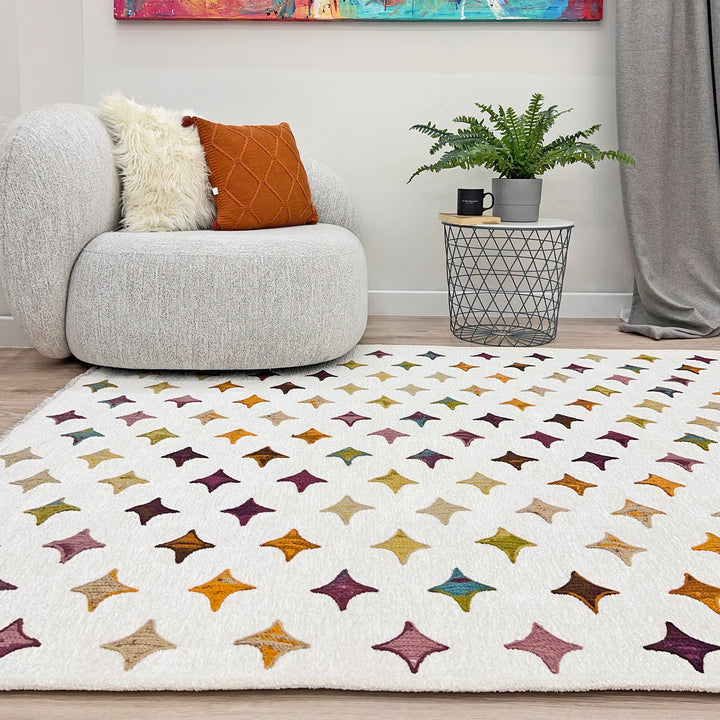 Moroccan Diamond Star Rug, White Cream Multi Color Rug, Cotton Washable Rug, Easy Clean Pet Friendly Rug, Rugs For Living Room, Boho Rug