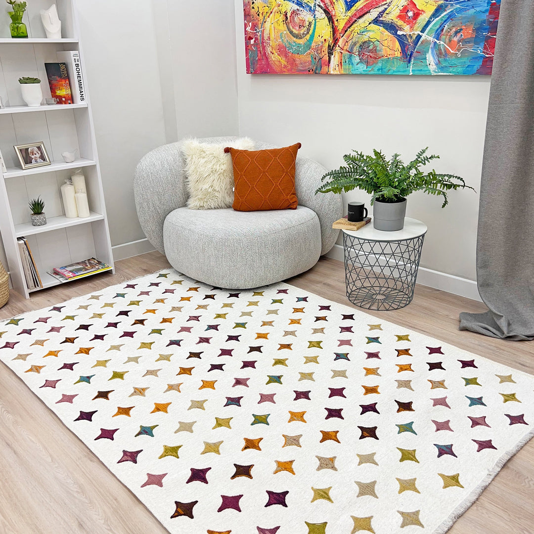 Moroccan Diamond Star Rug, White Cream Multi Color Rug, Cotton Washable Rug, Easy Clean Pet Friendly Rug, Rugs For Living Room, Boho Rug