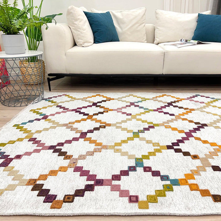 Moroccan Diamonds Rug, White Cream Multi Color Rug, Cotton Washable Rug, Easy Clean Pet Friendly Rug, Aesthetic Boho Rug, Geometric Area Rug