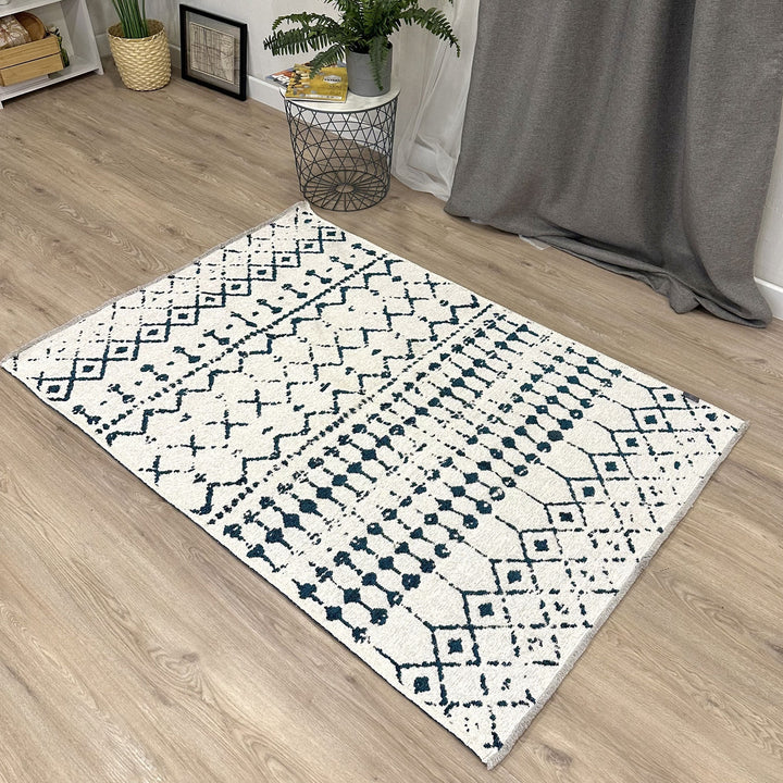 Blue White Cream Rug, Cotton Washable Reversible Rug, Large Area Rugs for Living Room Bedroom Kitchen Aesthetic Boho Eclectic Aztec Maya Rug