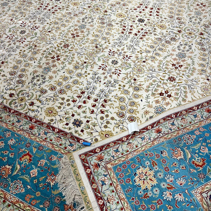 Genuine Unique Oriental Teal Ivory Silk Rug