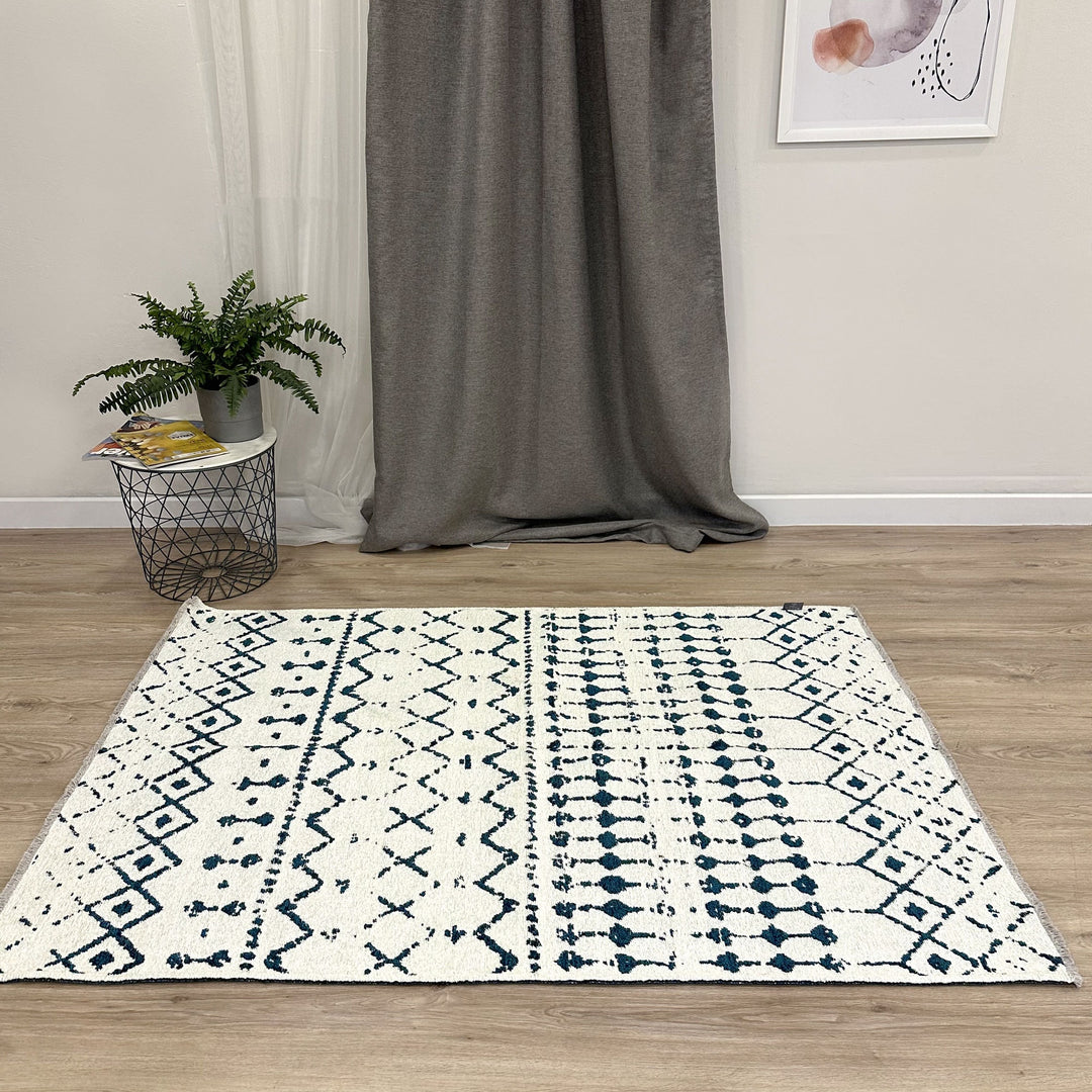 Blue White Cream Rug, Cotton Washable Reversible Rug, Large Area Rugs for Living Room Bedroom Kitchen Aesthetic Boho Eclectic Aztec Maya Rug