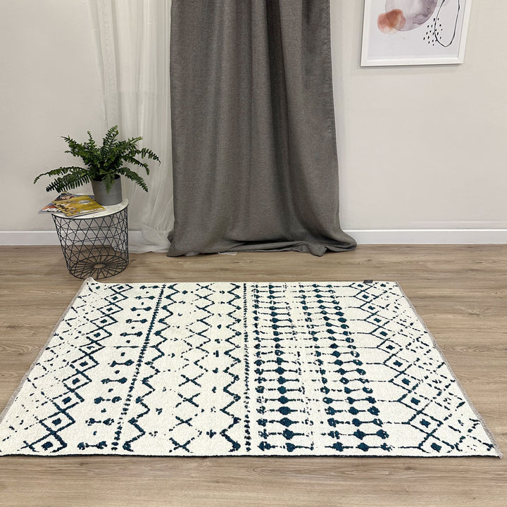 Blue White Cream Rug, Cotton Washable Reversible Rug, Large Area Rugs for Living Room Bedroom Kitchen Aesthetic Boho Eclectic Aztec Maya Rug