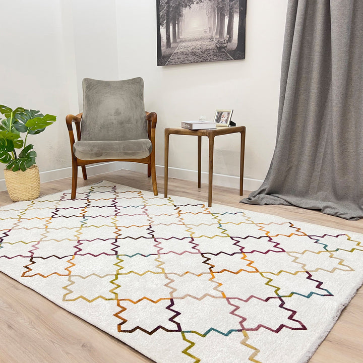 Moroccan Diamond Links Rug, White Cream Multi Color Rug, Cotton Washable Rug, Easy Clean Pet Friendly Rug, Aesthetic Boho Rug, Geometric Rug