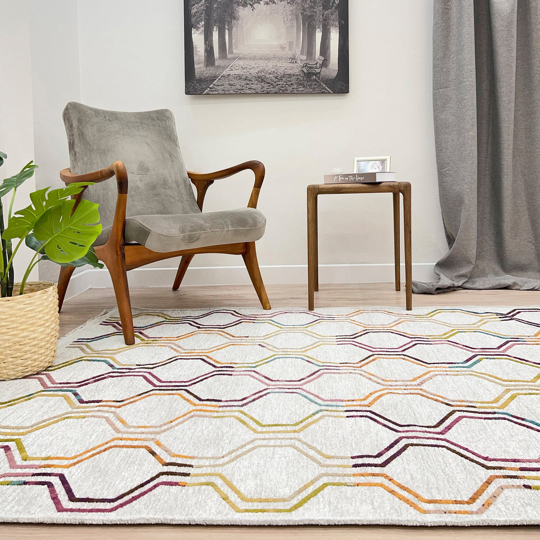 Moroccan Hex Honeycomb Rug, White Cream Multicolor Rug, Cotton Washable Rug, Easy Clean Pet Friendly Rug, Aesthetic Boho Rug, Geometric Rug