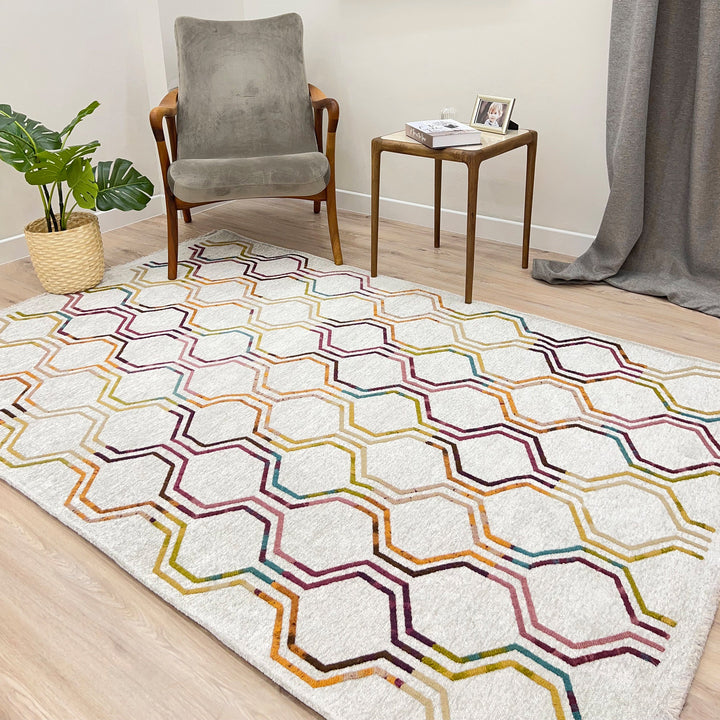 Moroccan Hex Honeycomb Rug, White Cream Multicolor Rug, Cotton Washable Rug, Easy Clean Pet Friendly Rug, Aesthetic Boho Rug, Geometric Rug