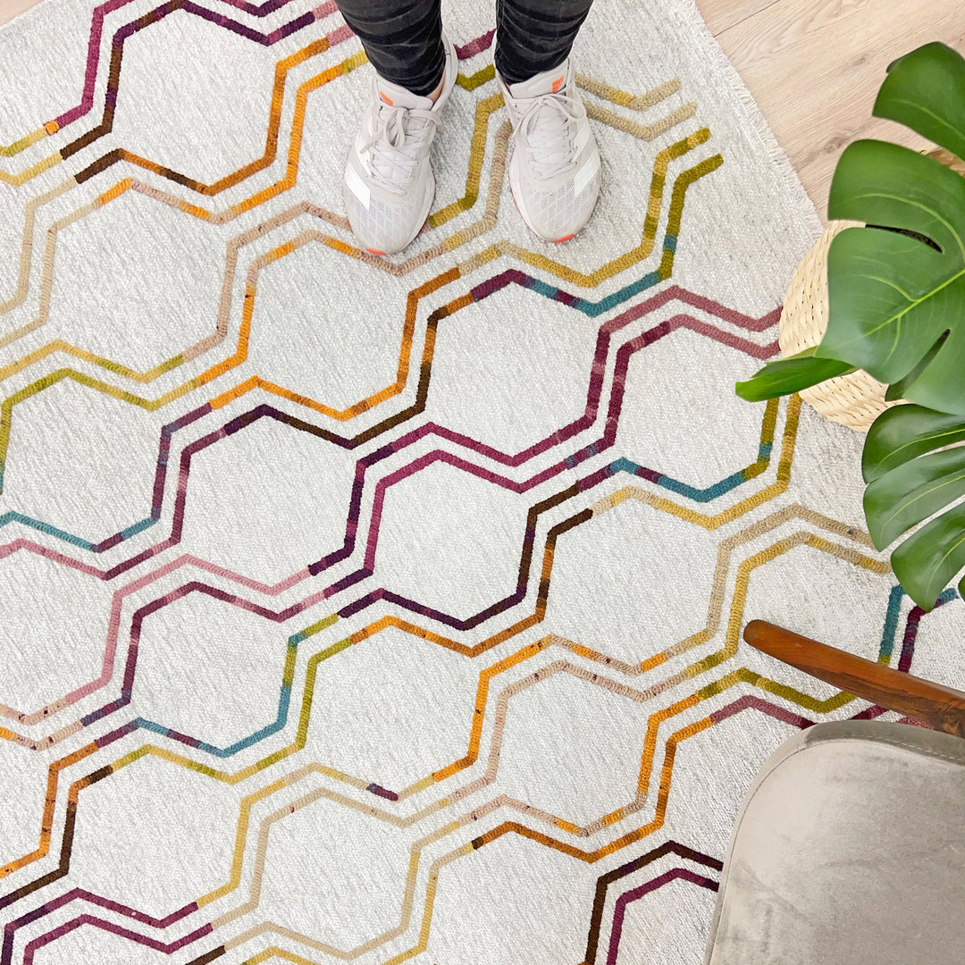 Moroccan Hex Honeycomb Rug, White Cream Multicolor Rug, Cotton Washable Rug, Easy Clean Pet Friendly Rug, Aesthetic Boho Rug, Geometric Rug