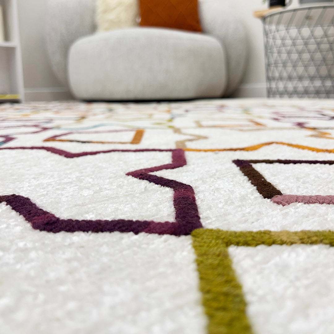 Moroccan Diamond Clover Rug, White Cream Multi Color Rug, Cotton Washable Rug, Easy Clean Pet Friendly Rug, Aesthetic Boho Rug, Cool Rug