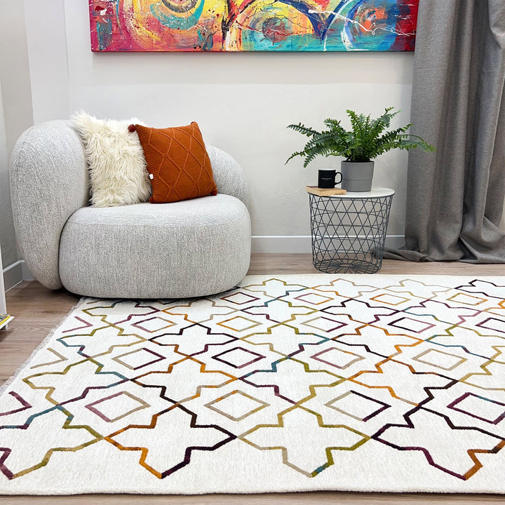 Moroccan Diamond Clover Rug, White Cream Multi Color Rug, Cotton Washable Rug, Easy Clean Pet Friendly Rug, Aesthetic Boho Rug, Cool Rug