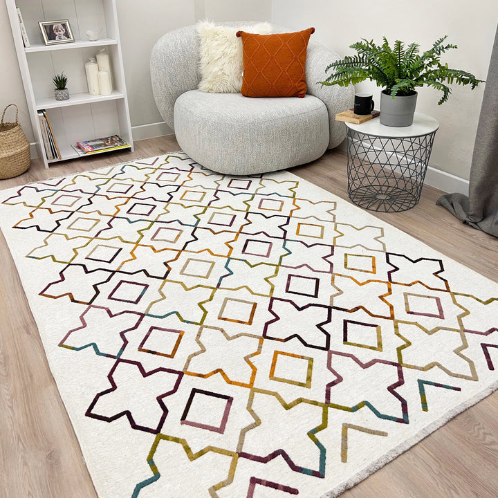 Moroccan Diamond Clover Rug, White Cream Multi Color Rug, Cotton Washable Rug, Easy Clean Pet Friendly Rug, Aesthetic Boho Rug, Cool Rug