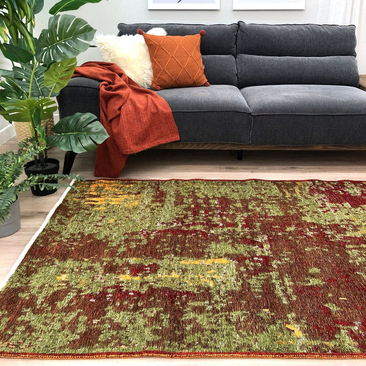 Abstract Green Red Orange Rug, Reversible Rug, Cotton Rug, Washable Rug, Easy Clean Pet Friendly Rug, Custom Rug, 8x10 Area Rugs, Boho Rug