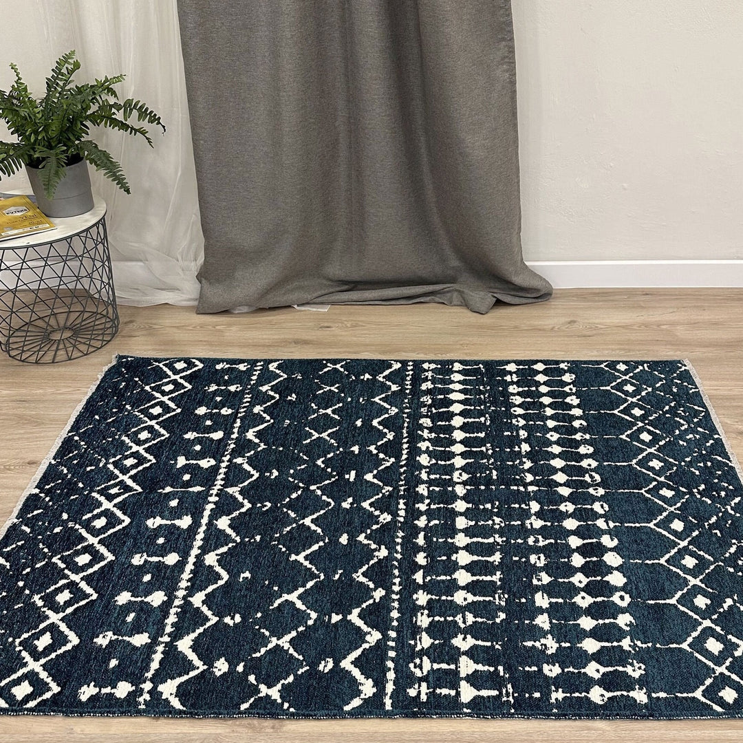 Blue White Cream Rug, Cotton Washable Reversible Rug, Large Area Rugs for Living Room Bedroom Kitchen Aesthetic Boho Eclectic Aztec Maya Rug