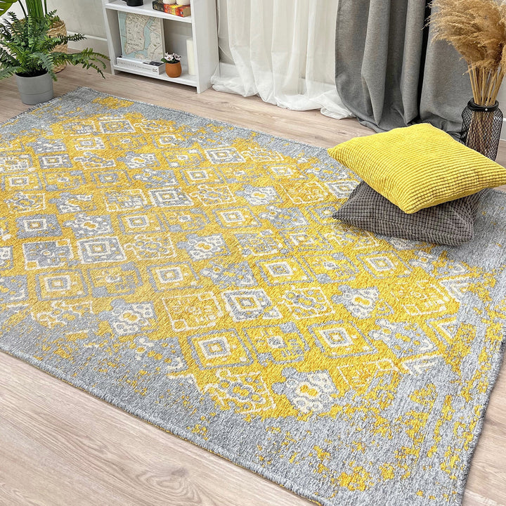 Grey Gold Rug, Geometric Rug, Reversible Rugs, Cotton Rug, Washable Rug, 8x10 Area Rug, Boho Rug, Gold Rug, Rugs For Bedroom Aesthetic,