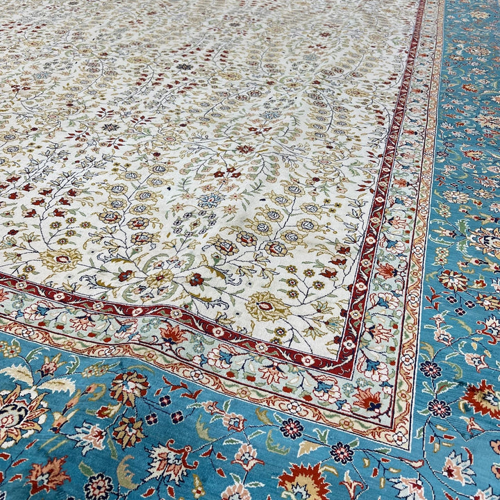 Genuine Unique Oriental Teal Ivory Silk Rug