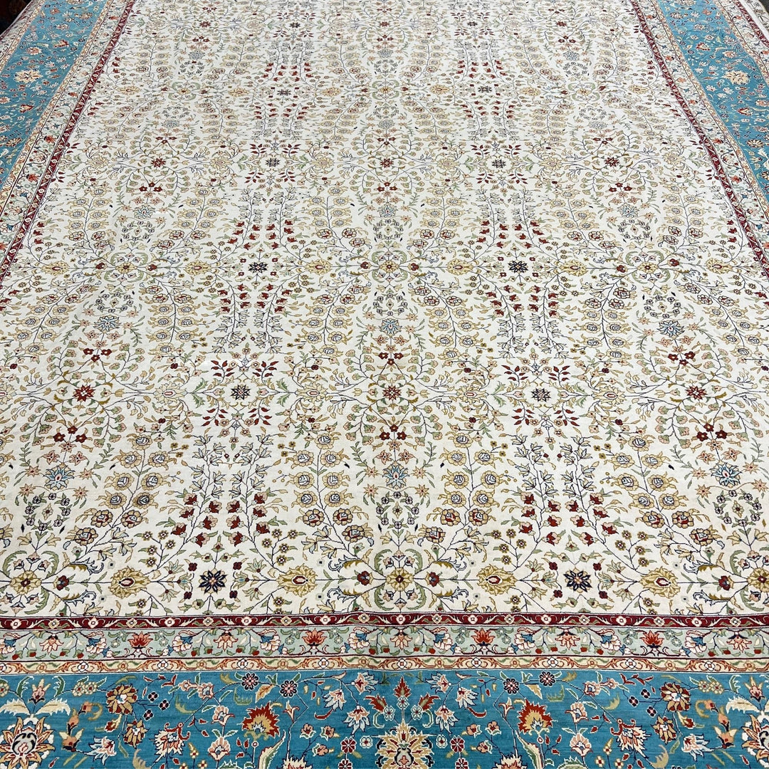 Genuine Unique Oriental Teal Ivory Silk Rug