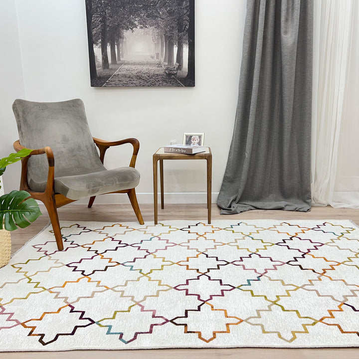 Moroccan Diamond Links Rug, White Cream Multi Color Rug, Cotton Washable Rug, Easy Clean Pet Friendly Rug, Aesthetic Boho Rug, Geometric Rug