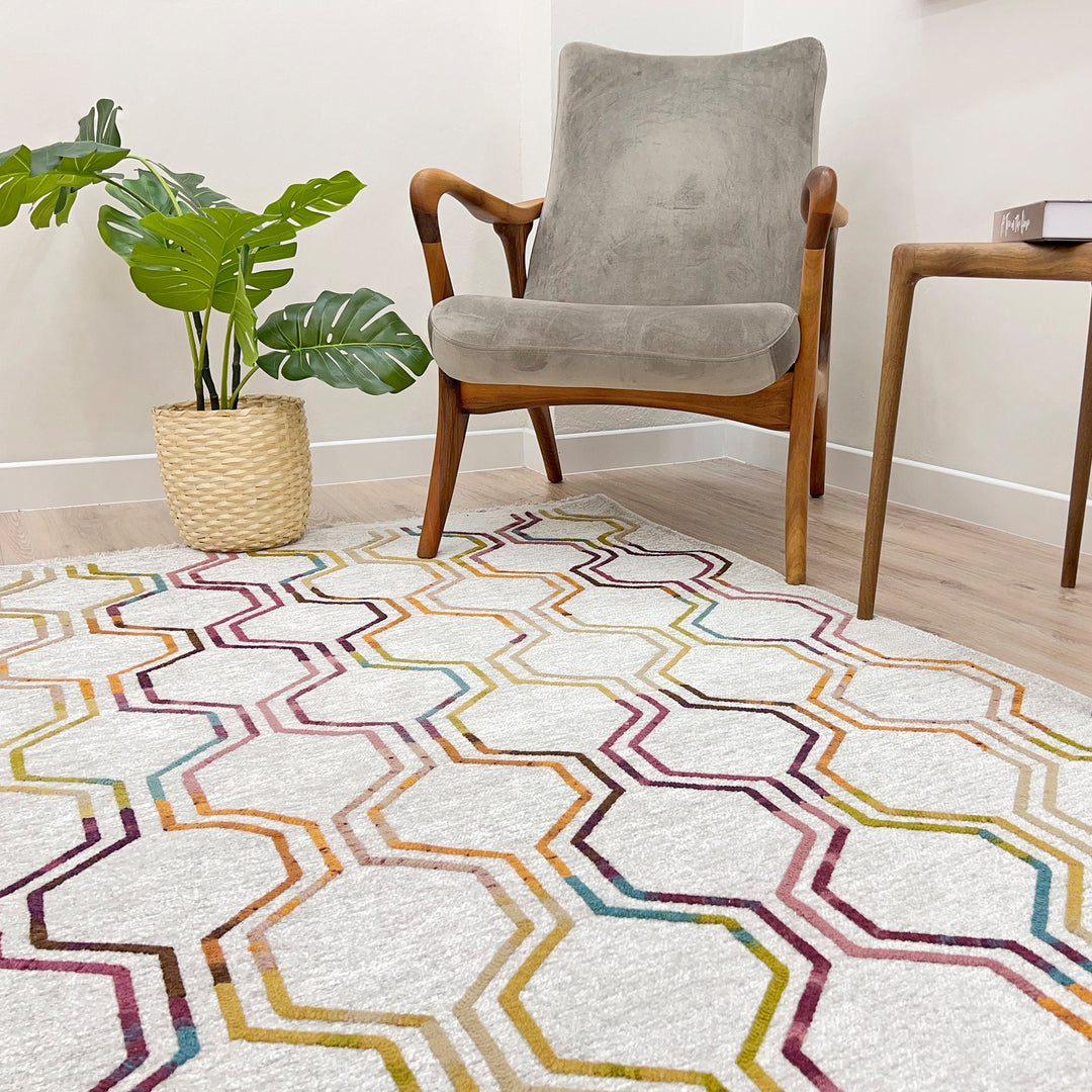 Moroccan Hex Honeycomb Rug, White Cream Multicolor Rug, Cotton Washable Rug, Easy Clean Pet Friendly Rug, Aesthetic Boho Rug, Geometric Rug