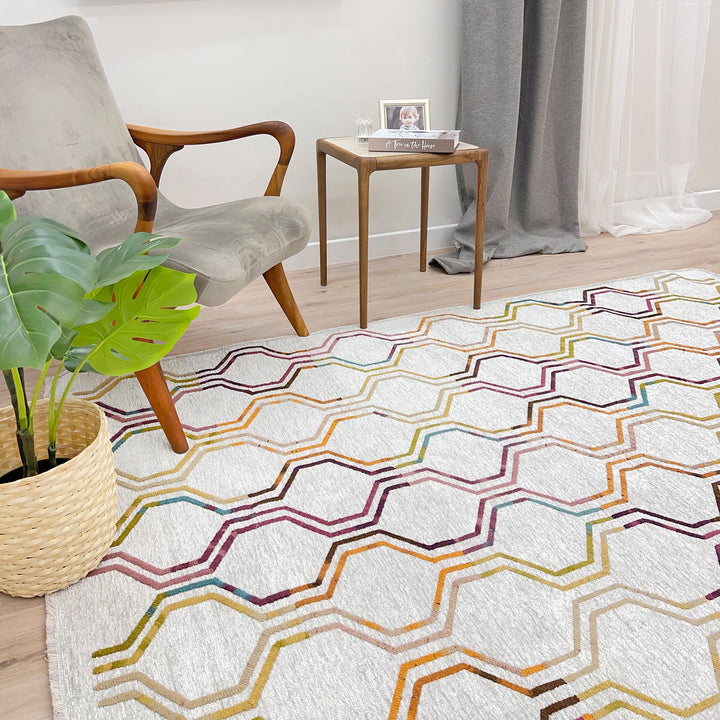 Moroccan Hex Honeycomb Rug, White Cream Multicolor Rug, Cotton Washable Rug, Easy Clean Pet Friendly Rug, Aesthetic Boho Rug, Geometric Rug