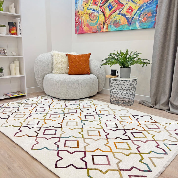 Moroccan Diamond Clover Rug, White Cream Multi Color Rug, Cotton Washable Rug, Easy Clean Pet Friendly Rug, Aesthetic Boho Rug, Cool Rug