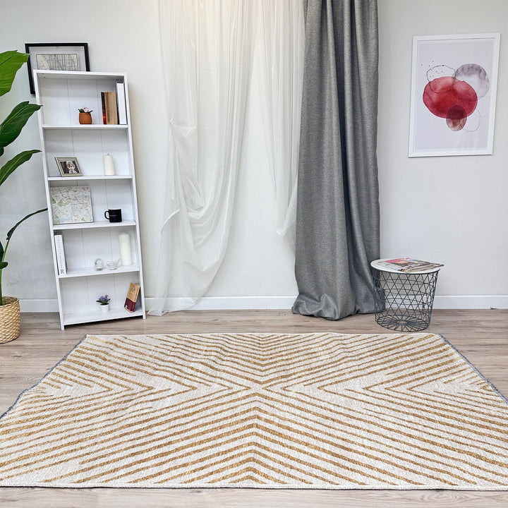 Geometric Cream Gold Washable Area Rugs