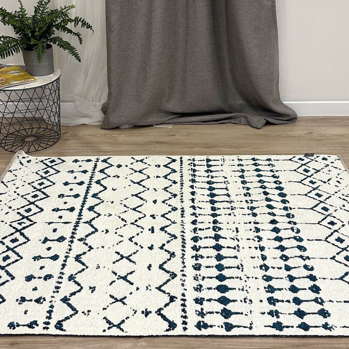 White Cream Blue Rug, Cotton Washable Reversible Rug, Large Area Rugs for Living Room Bedroom Kitchen Aesthetic Boho Decor Eclectic 9x12 5x7